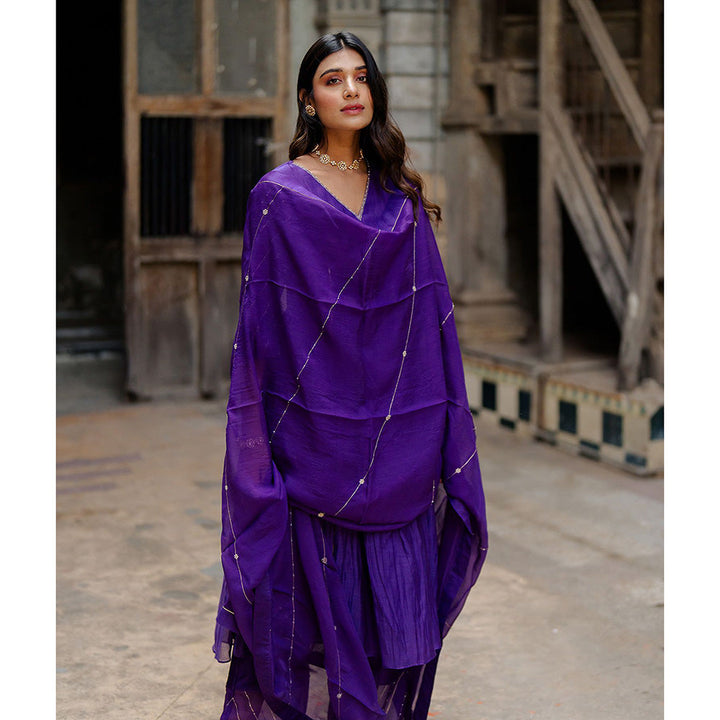 Zebein Khadi Moti Chanderi Silk Empire Gather Flair Kurta & Pant Purple (Set of 2)