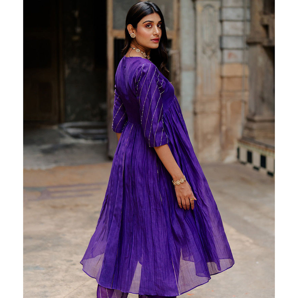 Zebein Khadi Moti Chanderi Silk Empire Gather Flair Kurta & Pant Purple (Set of 2)