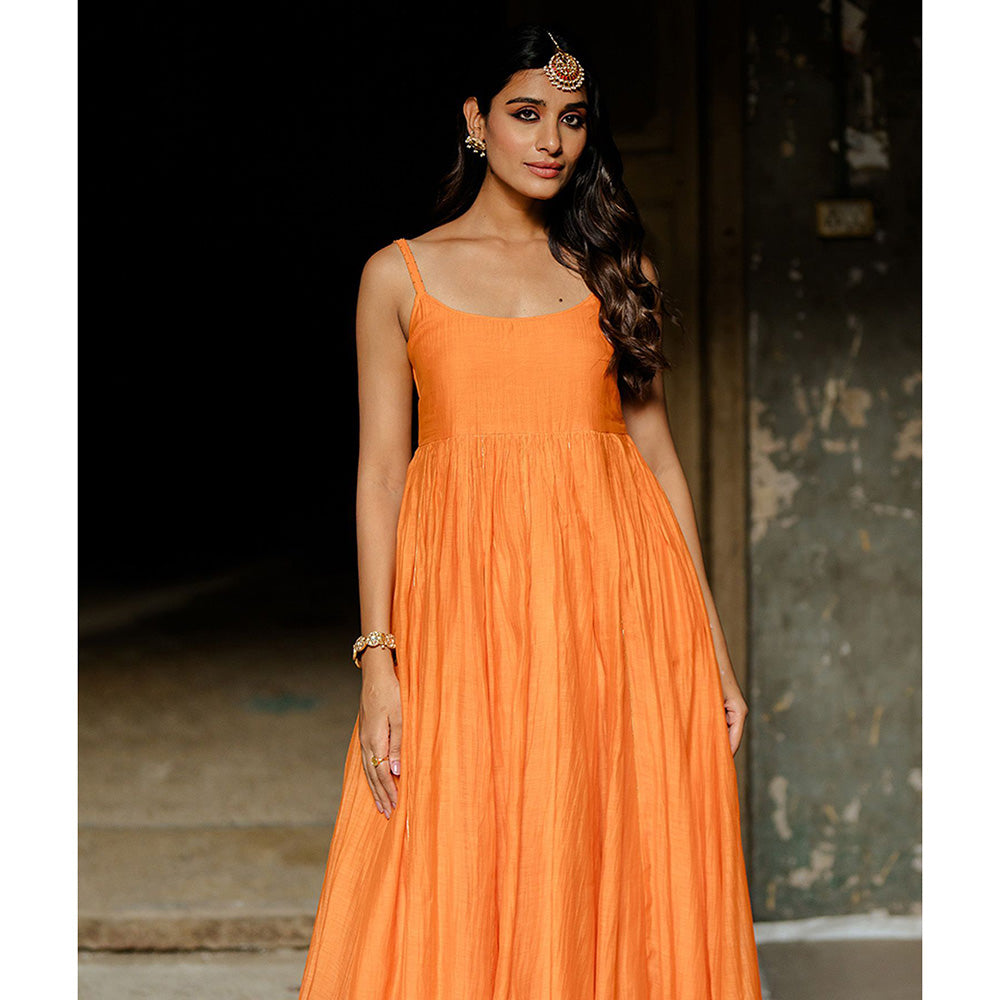 Zebein Saanjh Panel Chanderi Silk Dress Orange
