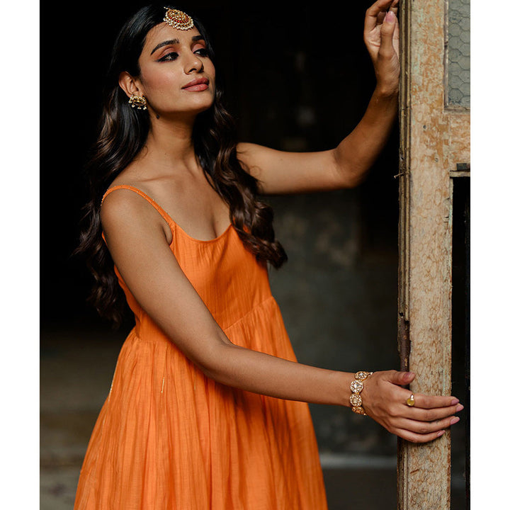 Zebein Saanjh Panel Chanderi Silk Dress Orange