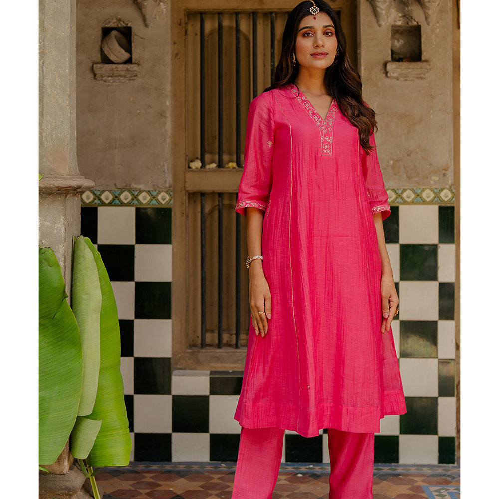 Zebein Sadabahar Chanderi Silk Kurta & Pant Pink (Set of 2)