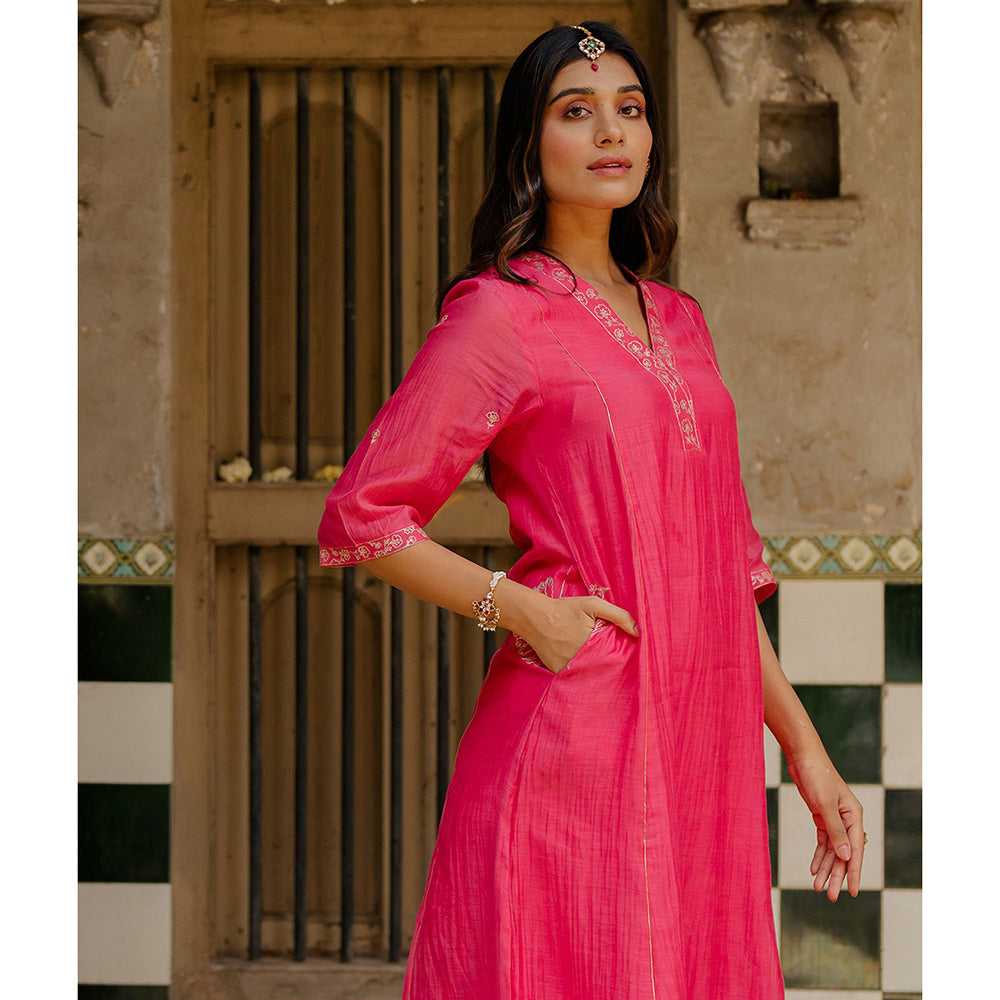 Zebein Sadabahar Chanderi Silk Kurta & Pant Pink (Set of 2)
