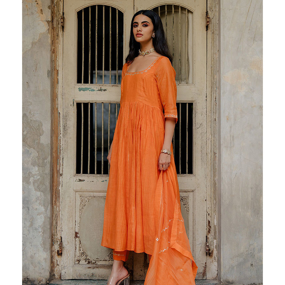 Zebein Vedica Chanderi Silk Anarkali Kurta & Pant Orange (Set of 2)