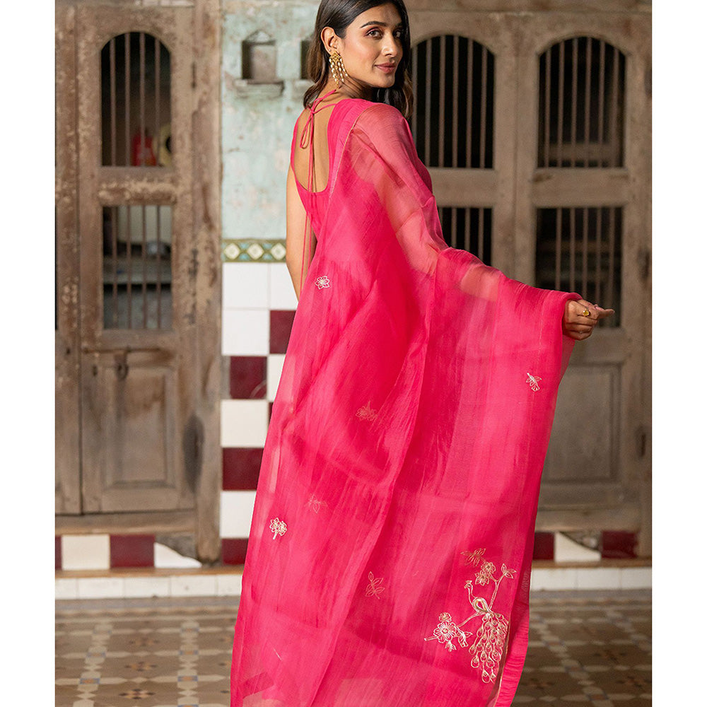 Zebein Gulab Chanderi Silk Sleeveless Anarkali Kurta with Pant Pink (Set of 2)