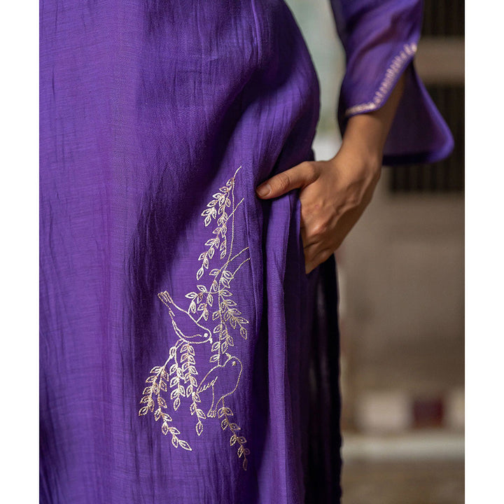 Zebein Gauraiya Chanderi Silk Straight Panel Kurta & Pant Purple (Set of 2)