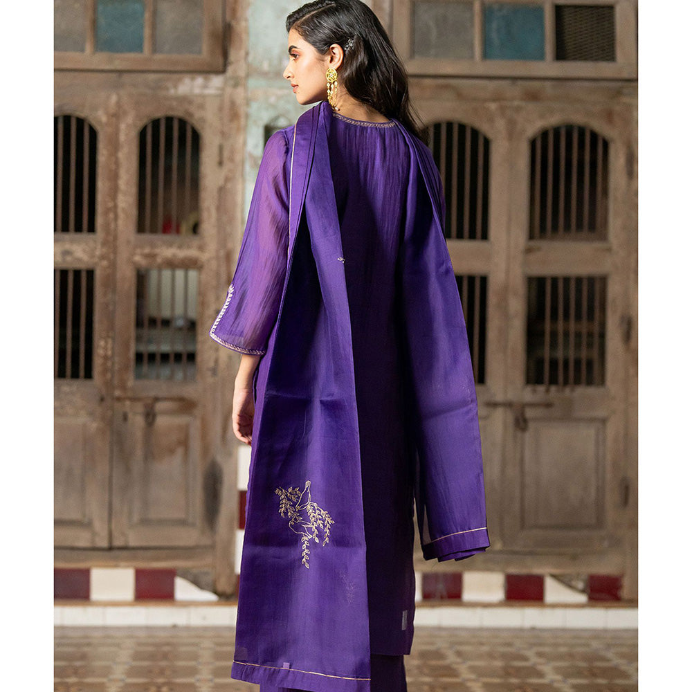 Zebein Gauraiya Chanderi Silk Straight Panel Kurta & Pant Purple (Set of 2)