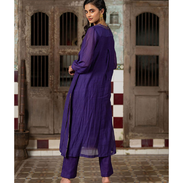 Zebein Mayur Chanderi Silk A-Line Kurta & Pant Purple (Set of 2)