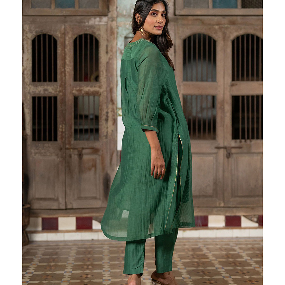 Zebein Mayur Chanderi Silk A-Line Kurta & Pant Green (Set of 2)