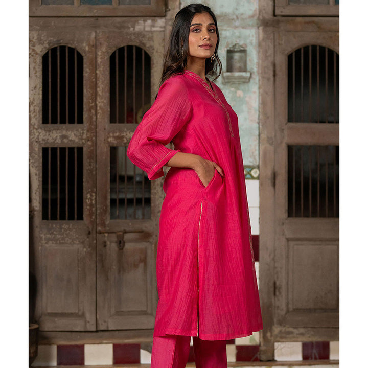 Zebein Mayur Chanderi Silk A-Line Kurta & Pant Pink (Set of 2)