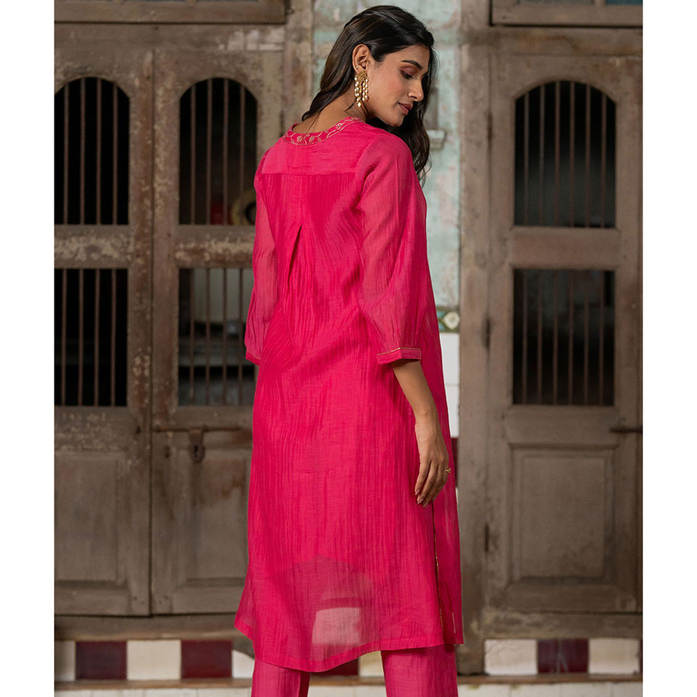 Zebein Mayur Chanderi Silk A-Line Kurta & Pant Pink (Set of 2)