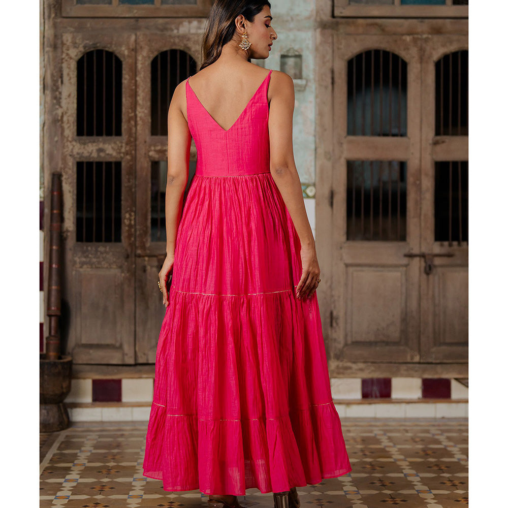 Zebein Yasmeen Chanderi Silk Strap Long Tier Dress Pink