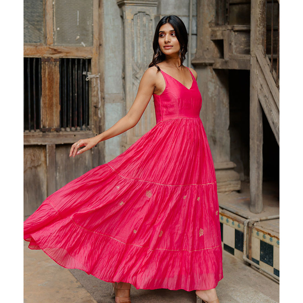 Zebein Yasmeen Chanderi Silk Strap Long Tier Dress Pink
