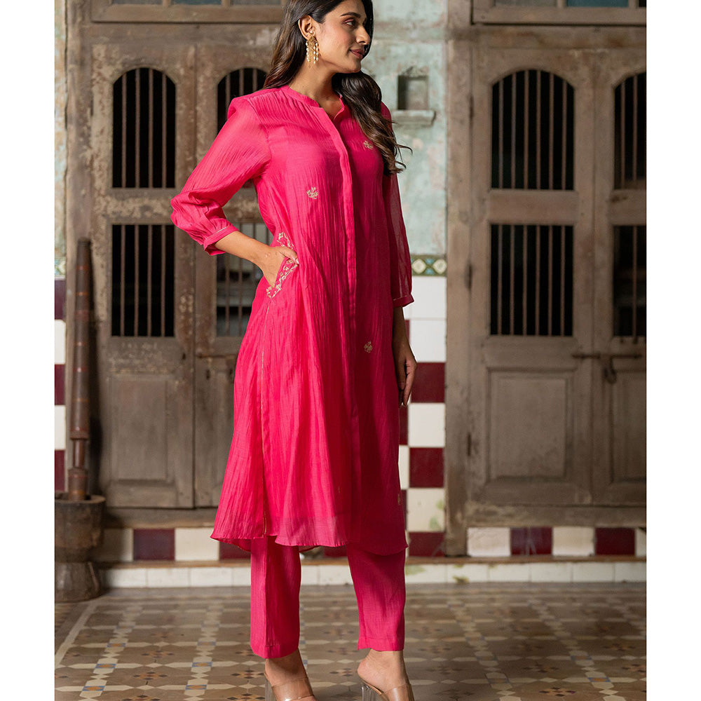 Zebein Roshan Chanderi Silk Button Kurta & Pant Pink (Set of 2)