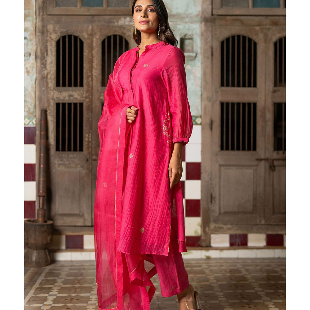 Zebein Roshan Chanderi Silk Button Kurta & Pant Pink (Set of 2)