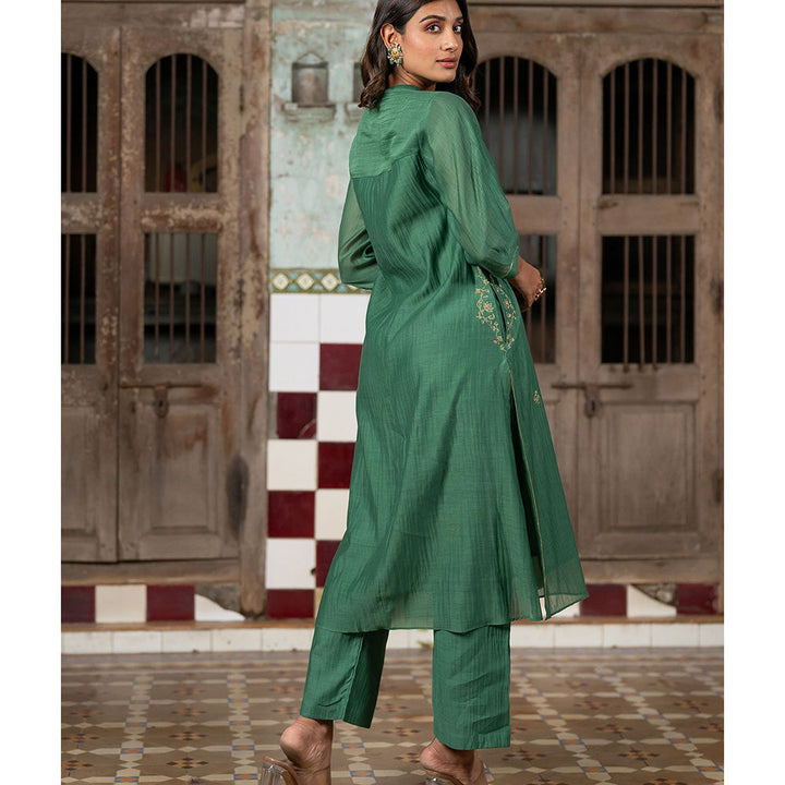 Zebein Roshan Chanderi Silk Button Kurta & Pant Green (Set of 2)