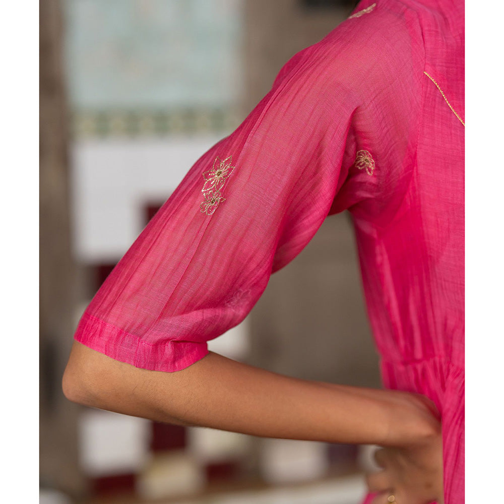 Zebein Ira Chanderi Silk Side Gather Top Pink