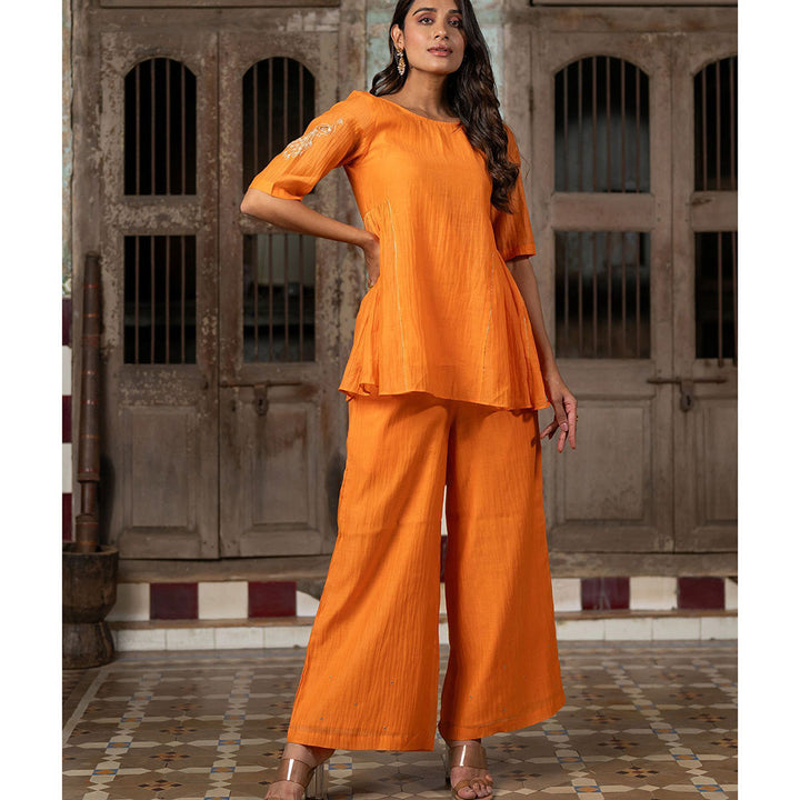 Zebein Urvi Chanderi Silk Side Kali Short Top Orange