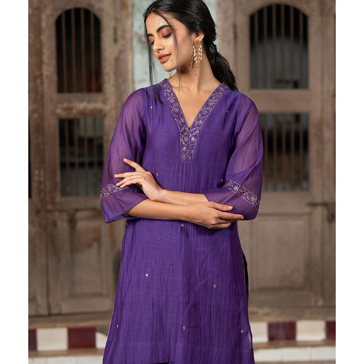 Zebein Anika Chanderi Silk Short V-Neck Kurta & Sharara Purple (Set of 2)