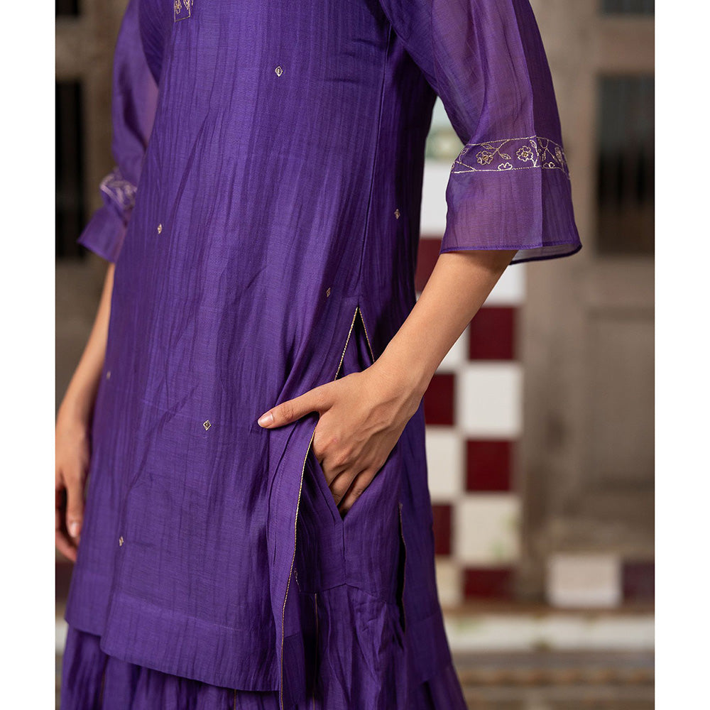 Zebein Anika Chanderi Silk Short V-Neck Kurta & Sharara Purple (Set of 2)