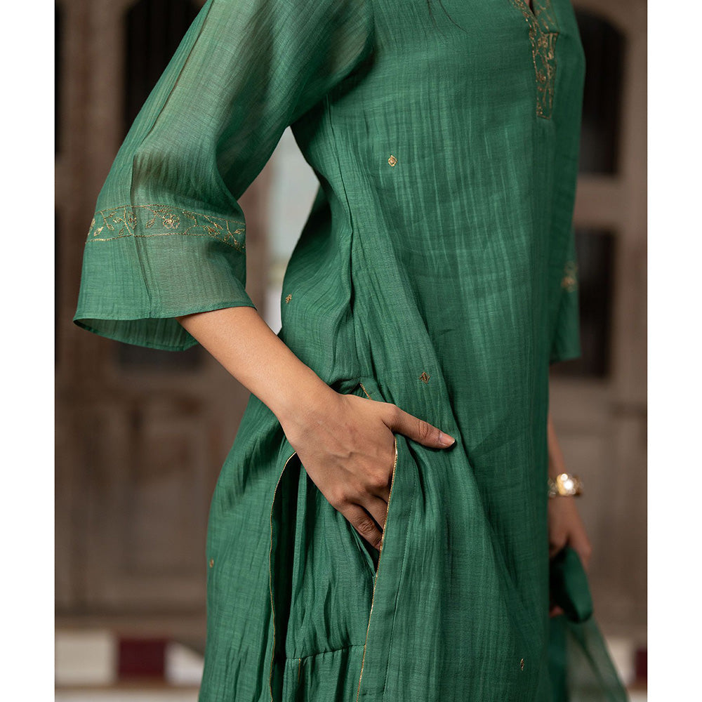 Zebein Anika Chanderi Silk Short V-Neck Kurta & Sharara Green (Set of 2)