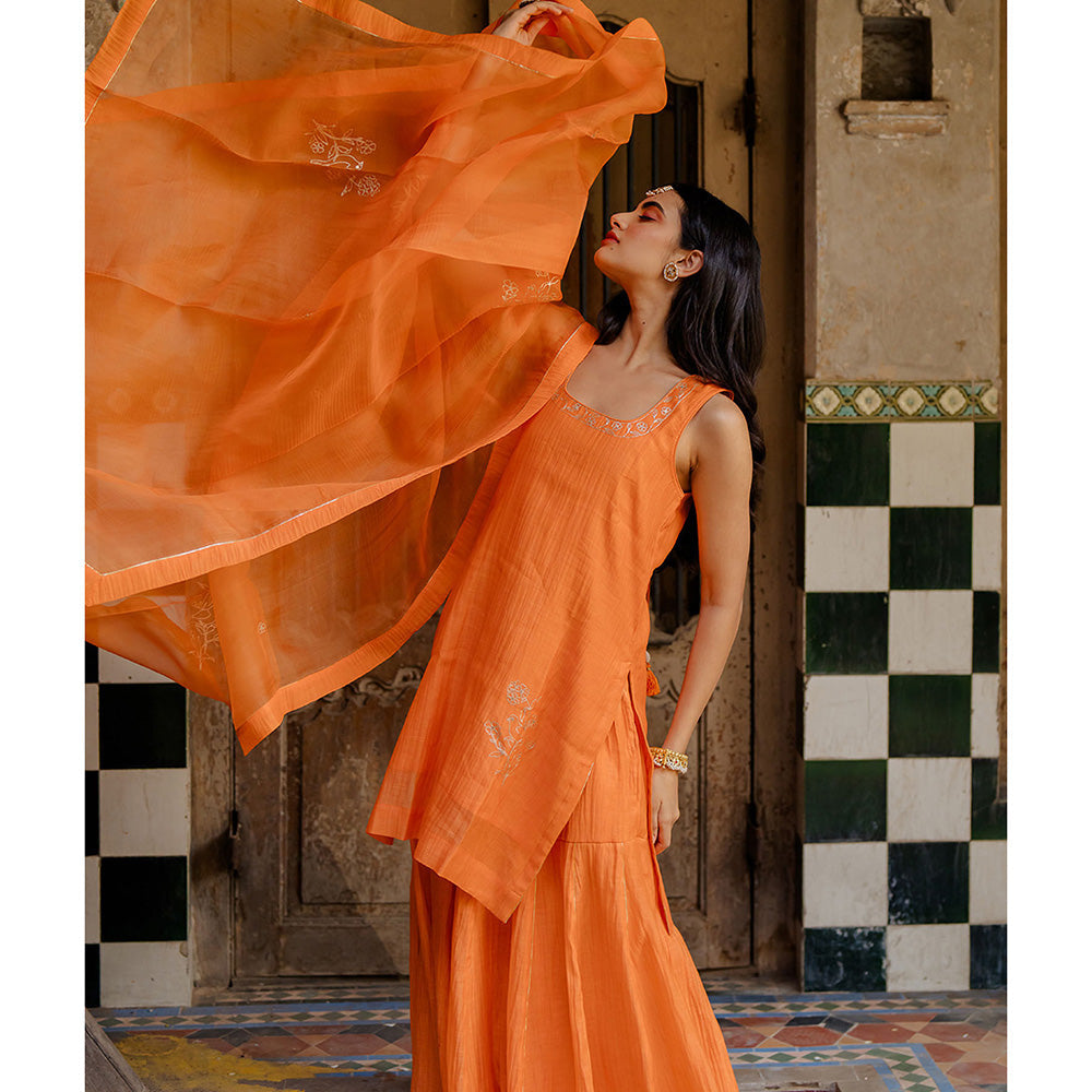 Zebein Genda Phool Chanderi Silk Kurti & Gharara - Orange (Set of 2)