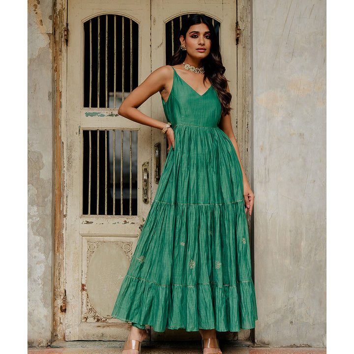 Zebein Yasmeen Chanderi Silk Strap Long Tier Dress - Green