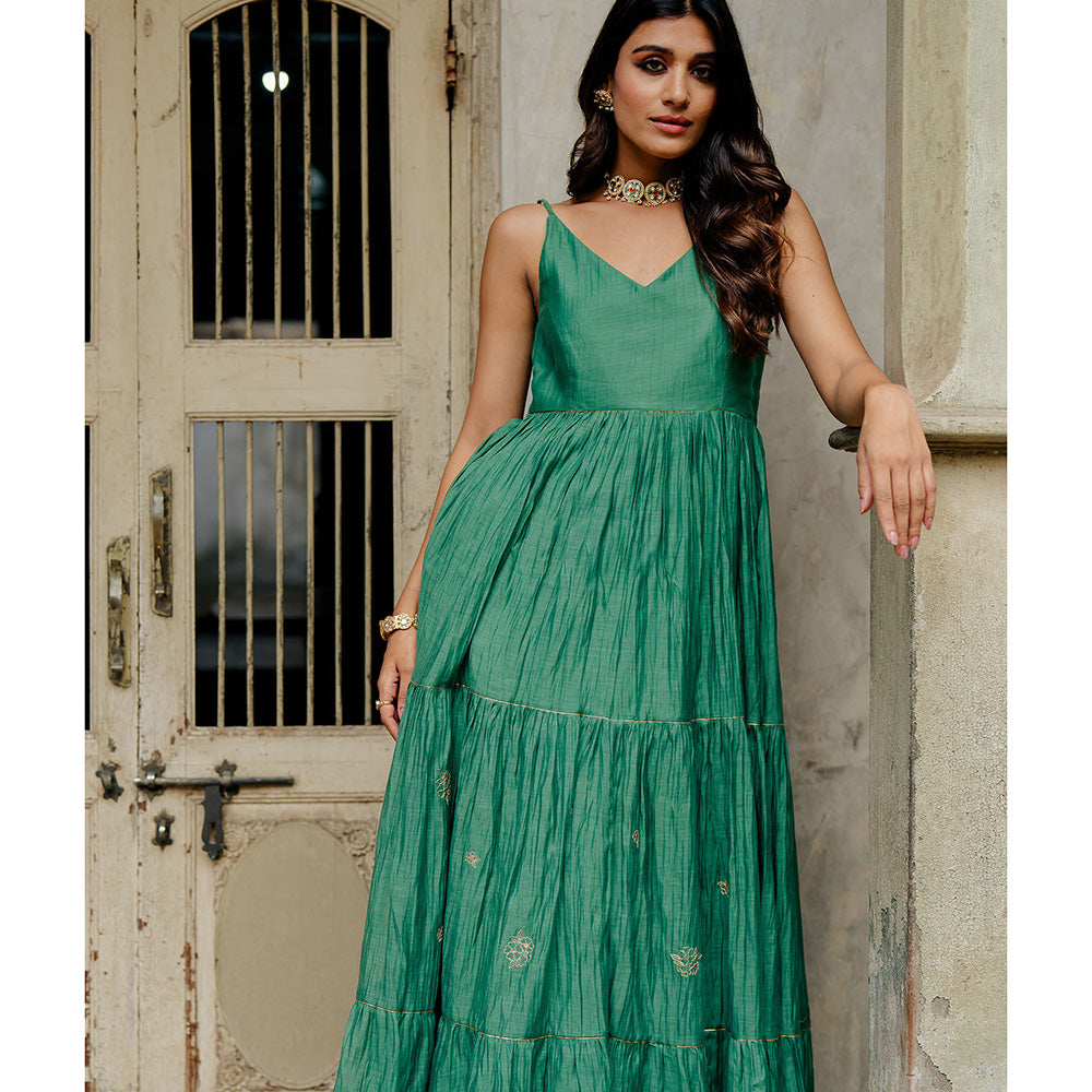 Zebein Yasmeen Chanderi Silk Strap Long Tier Dress - Green