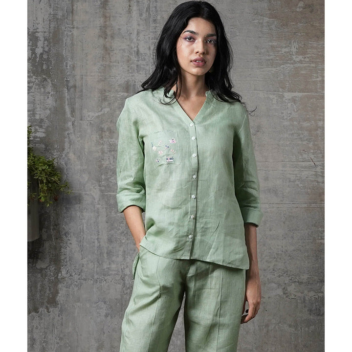 Zebein Pamela Linen Shirt with Pocket Pista Green
