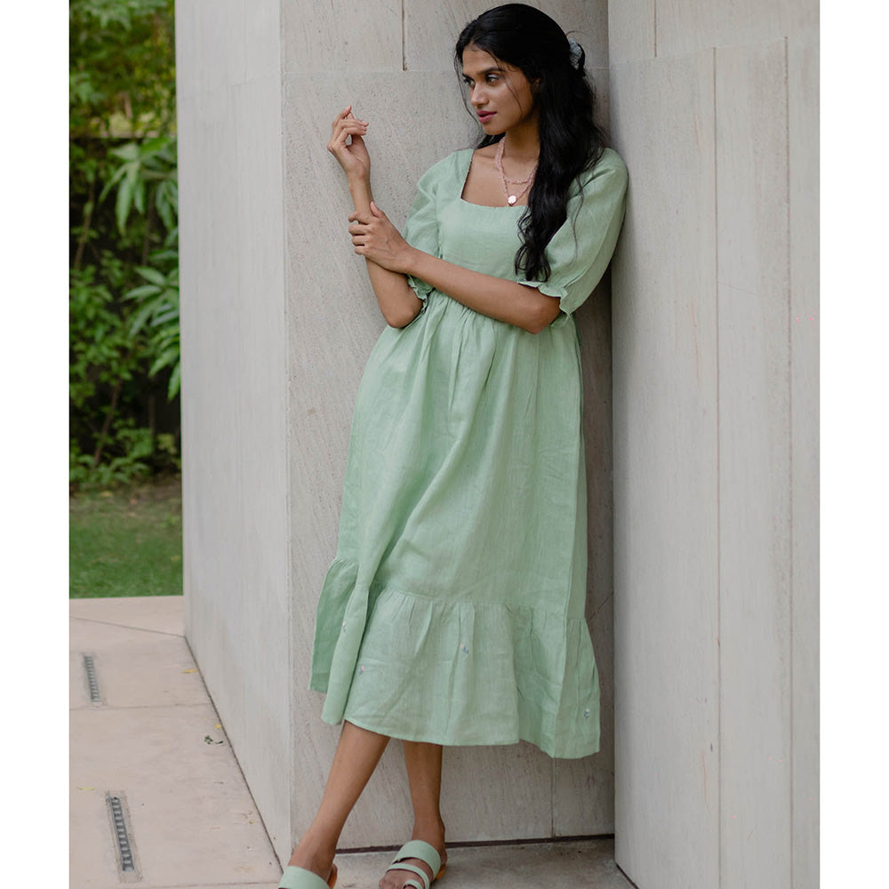 Zebein Diva Linen Dress with Pocket Pista Green