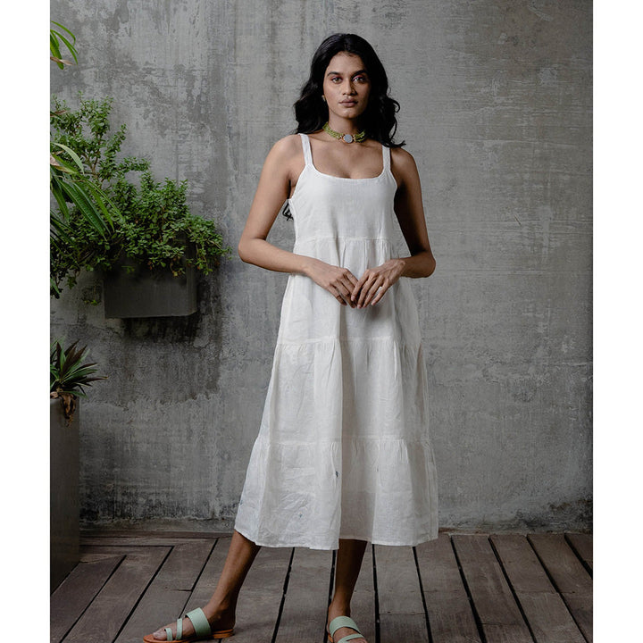 Zebein Linen Tier Dress with Pocket Off White