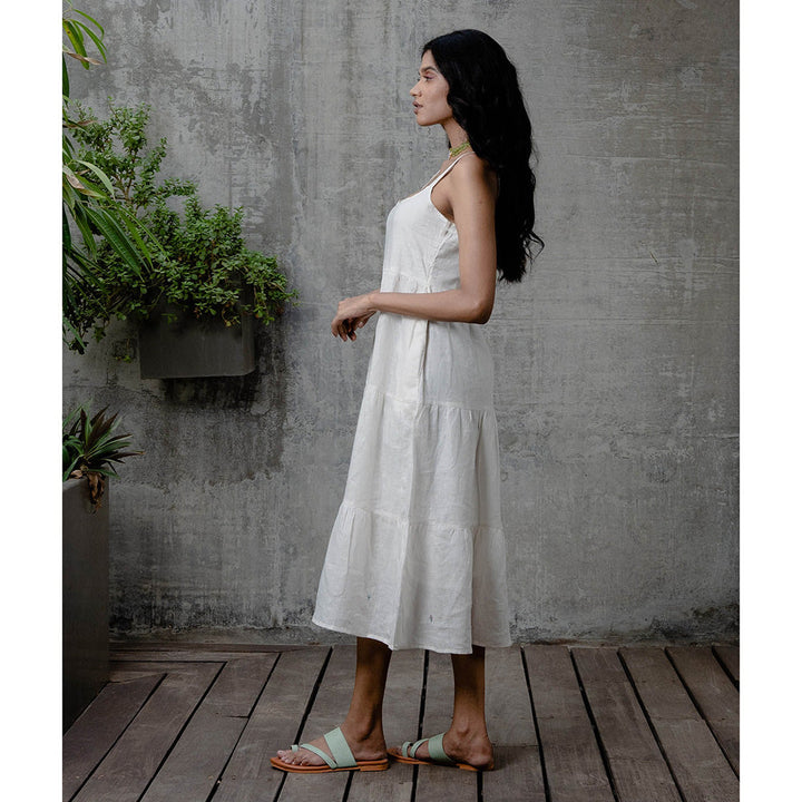 Zebein Linen Tier Dress with Pocket Off White