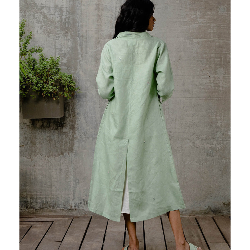 Zebein Charlotte Linen Long Jacket with Pocket Pista Green