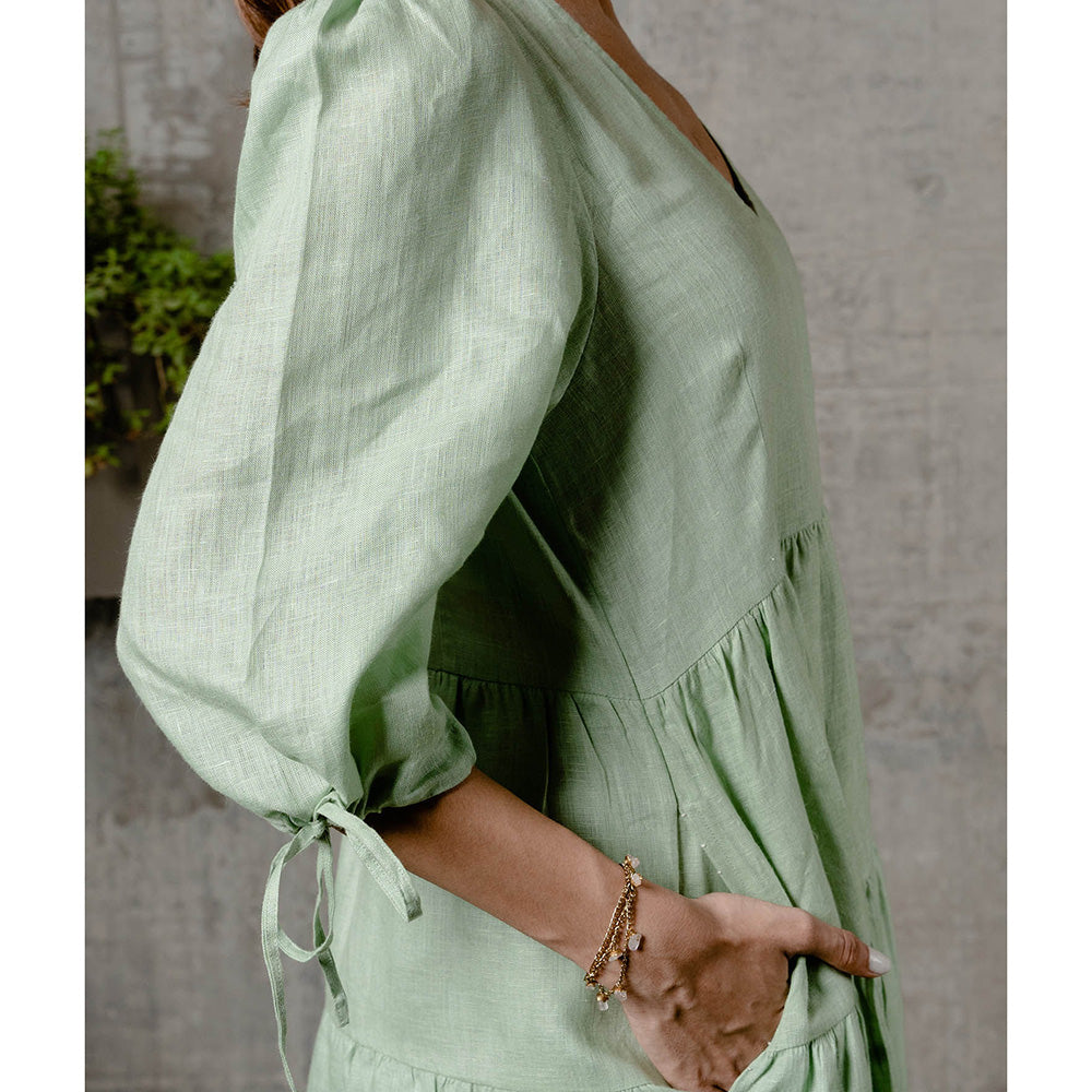 Zebein Madonna Linen Dress with Pocket Pista Green