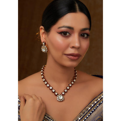 Zevar By Geeta Natasha Red Meenakari Polka Necklace With Pair Of Earring