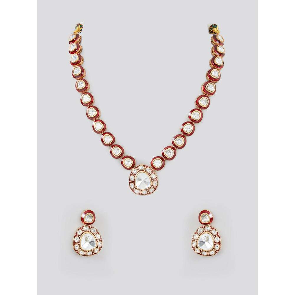 Zevar By Geeta Natasha Red Meenakari Polka Necklace With Pair Of Earring
