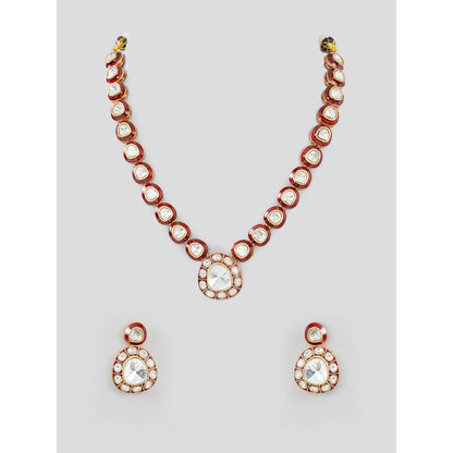 Zevar By Geeta Natasha Red Meenakari Polka Necklace With Pair Of Earring