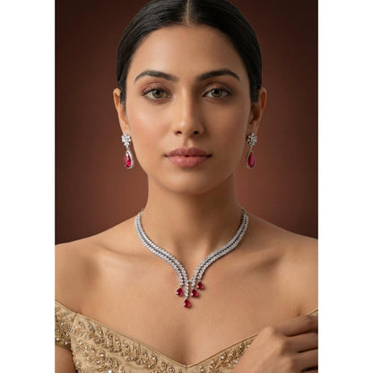 Zevar By Geeta Jeshna Pink Ruby Diamond Necklace and Pair Of Earrings