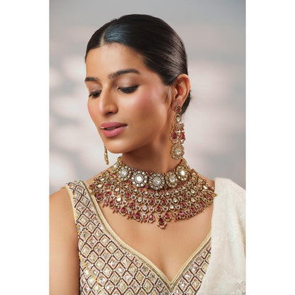 Zevar By Geeta Red Hridika Polki Necklace and Pair Of Earrings