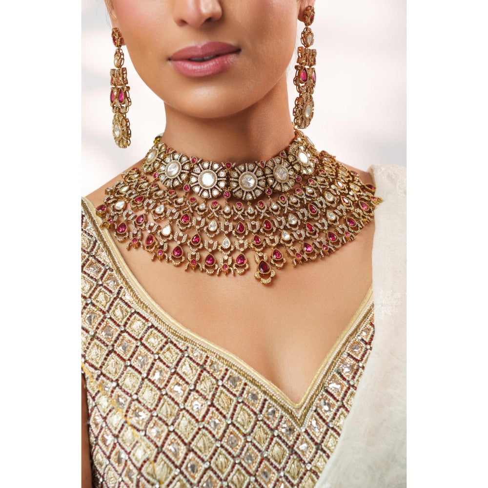 Zevar By Geeta Red Hridika Polki Necklace and Pair Of Earrings
