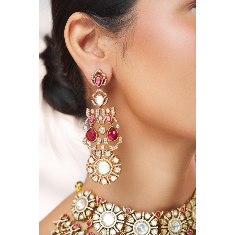 Zevar By Geeta Red Hridika Polki Necklace and Pair Of Earrings