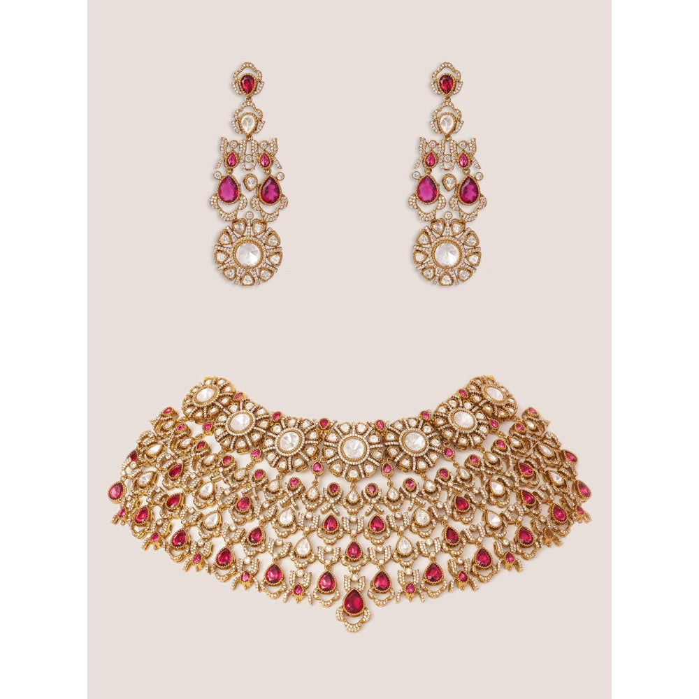 Zevar By Geeta Red Hridika Polki Necklace and Pair Of Earrings