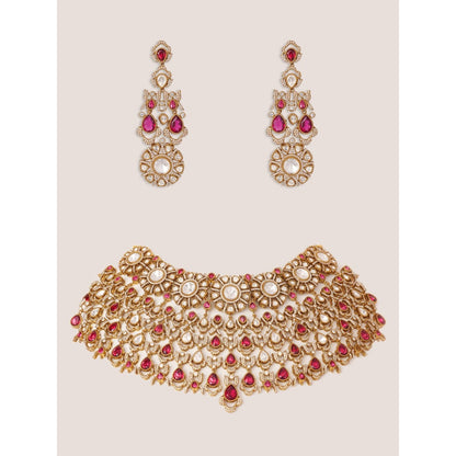 Zevar By Geeta Red Hridika Polki Necklace and Pair Of Earrings