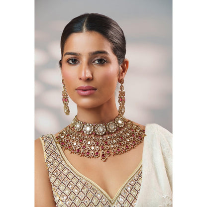 Zevar By Geeta Red Hridika Polki Necklace and Pair Of Earrings