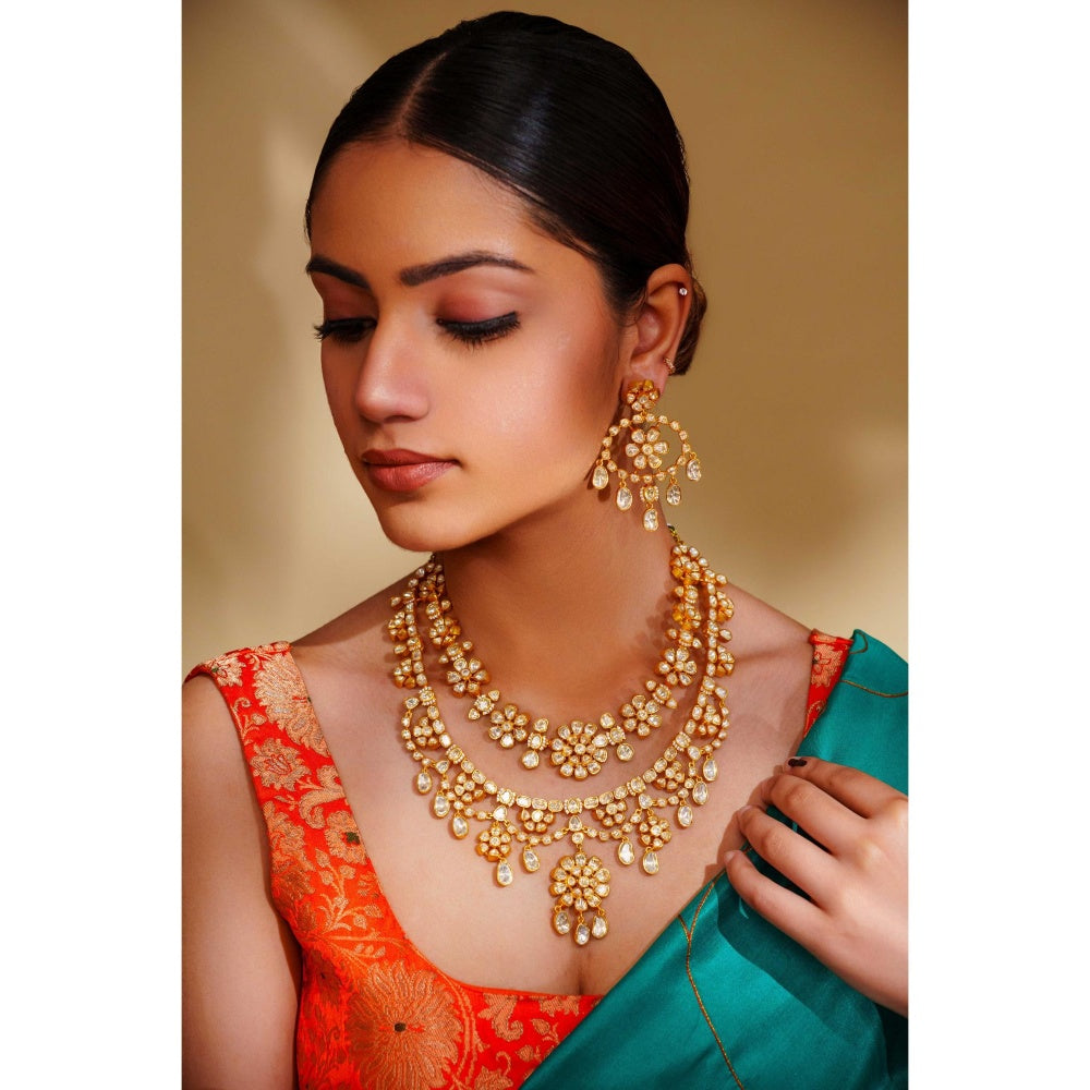 Zevar By Geeta Gold Elena Moissanite Necklace and Pair Of Earrings