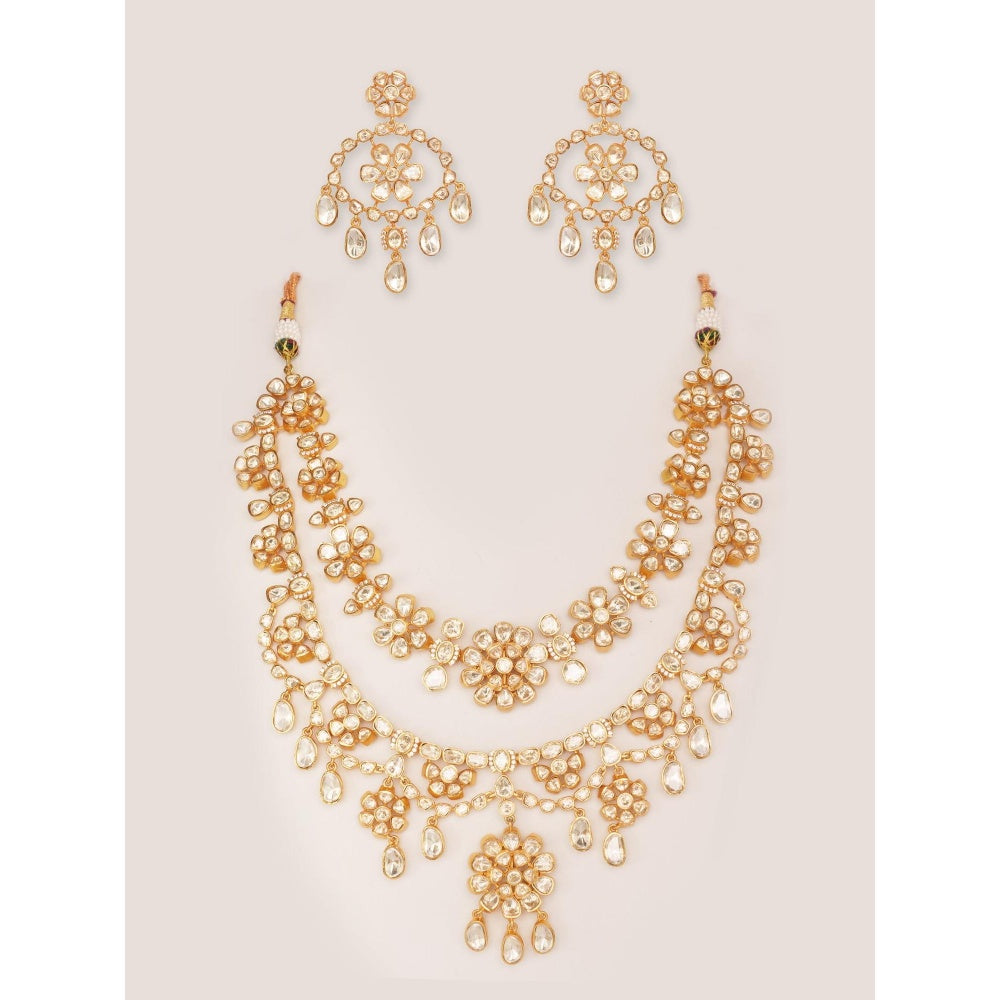 Zevar By Geeta Gold Elena Moissanite Necklace and Pair Of Earrings