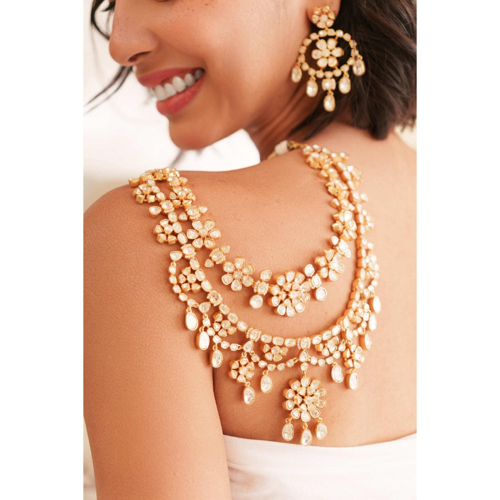 Zevar By Geeta Gold Elena Moissanite Necklace and Pair Of Earrings