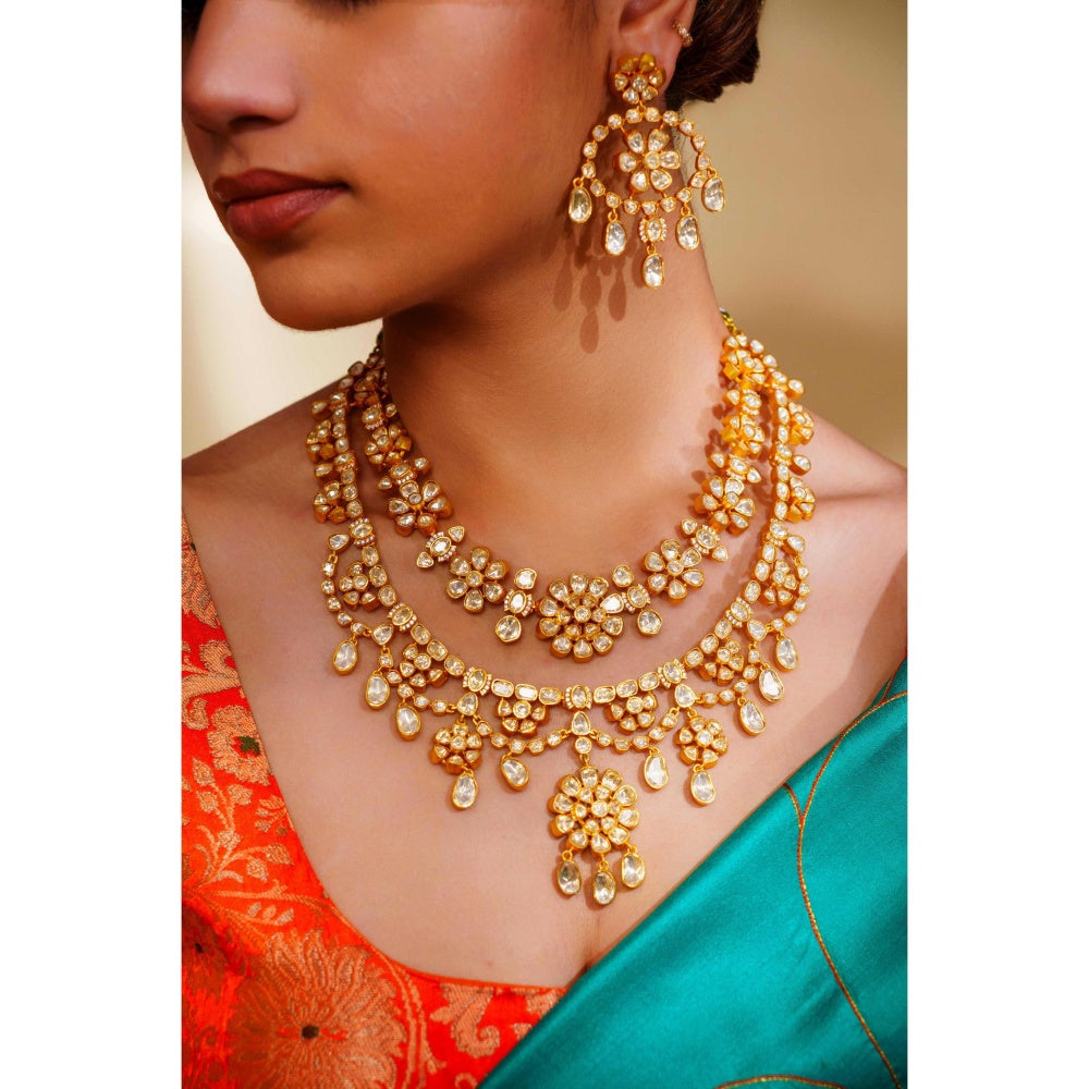 Zevar By Geeta Gold Elena Moissanite Necklace and Pair Of Earrings