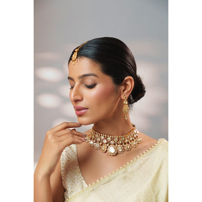 Zevar By Geeta Golden Keyara Moissanite Choker with Pair Of Earrings and Maang Tikka