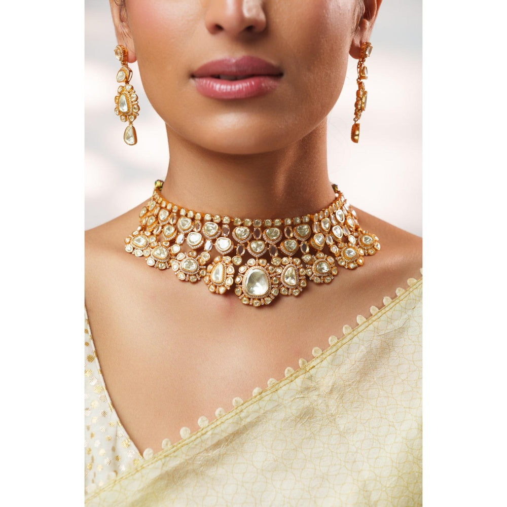 Zevar By Geeta Golden Keyara Moissanite Choker with Pair Of Earrings and Maang Tikka