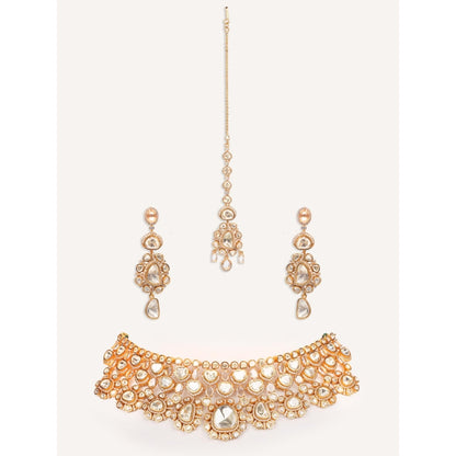 Zevar By Geeta Golden Keyara Moissanite Choker with Pair Of Earrings and Maang Tikka
